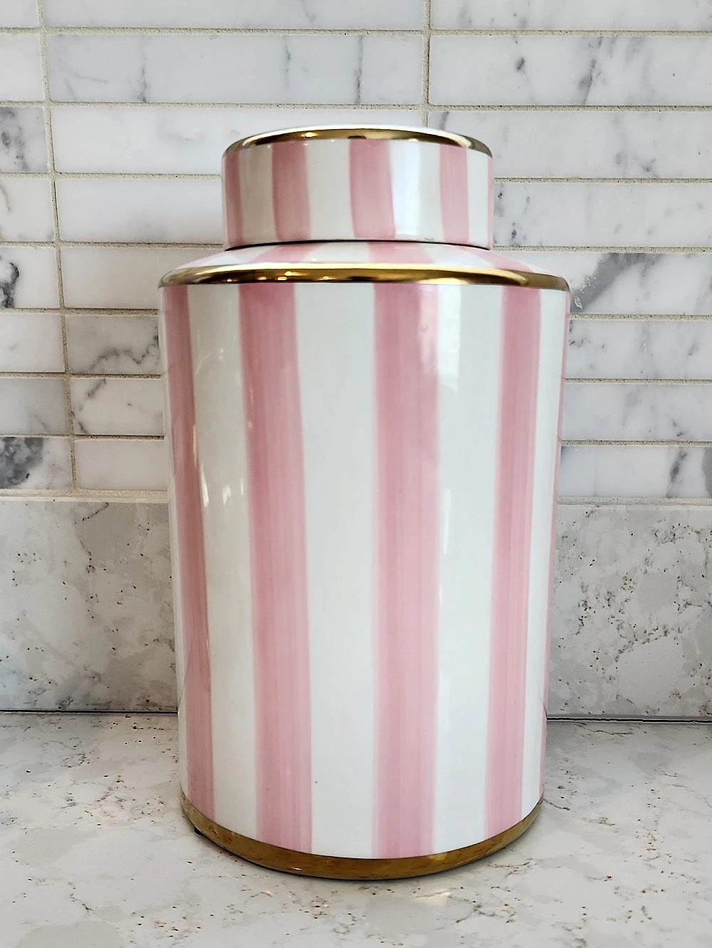 Pink & White Striped Decorative Canister